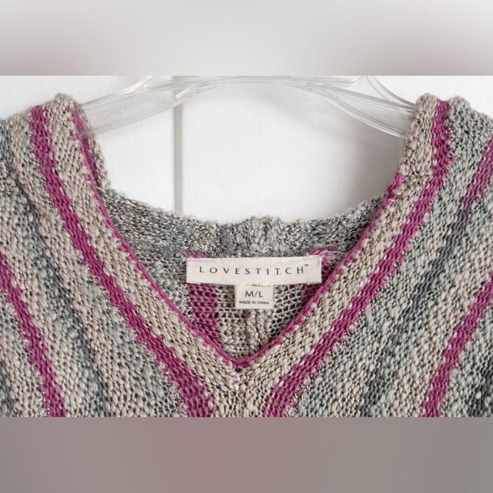 Lovestitch Striped Knit Hoodie Sweater Grey Magenta Boho V-Neck IMP-5664 ML‎ - Picture 4 of 5